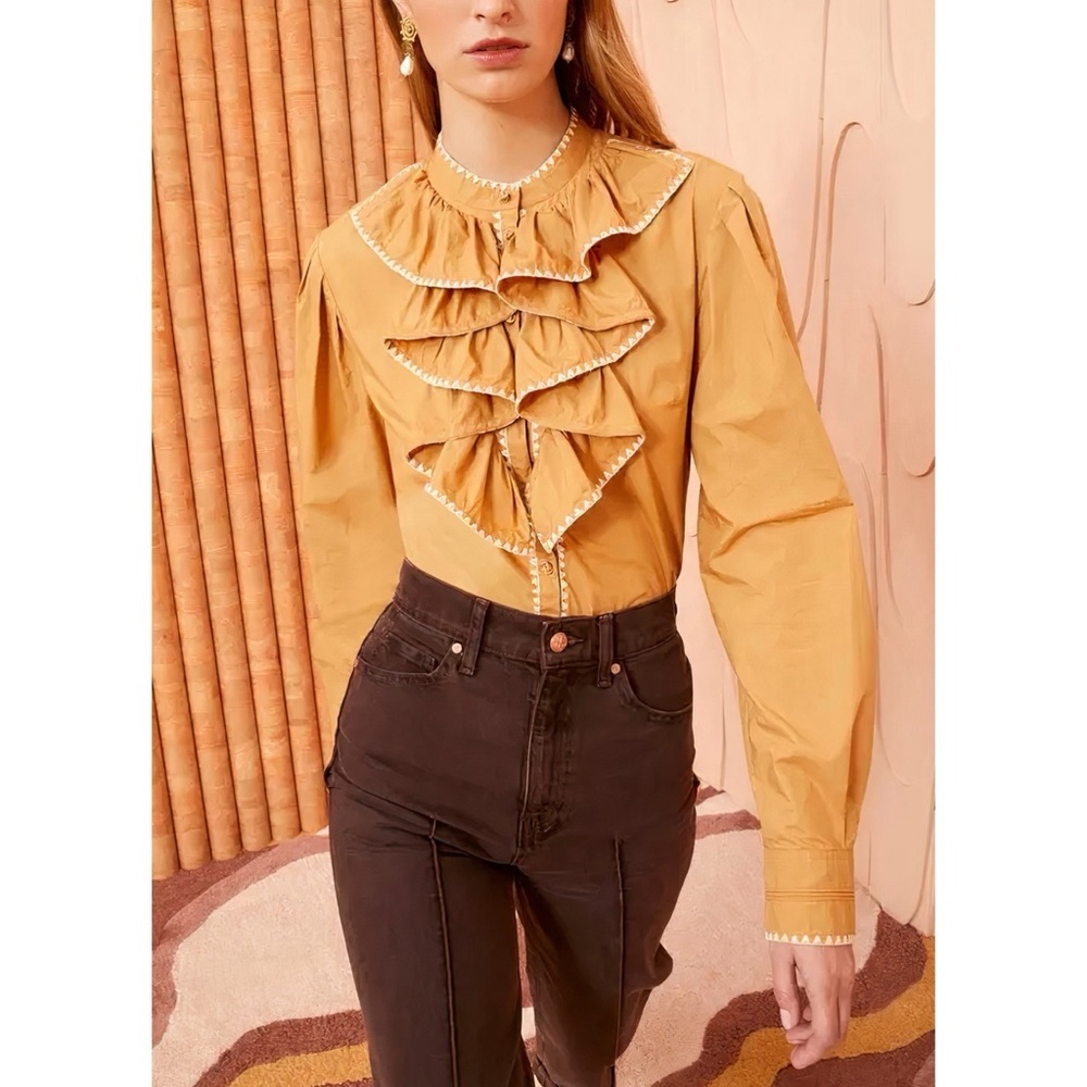 Ulla Johnson Ruffle Long-Sleeve Embroidered Betti Cotton Blouse